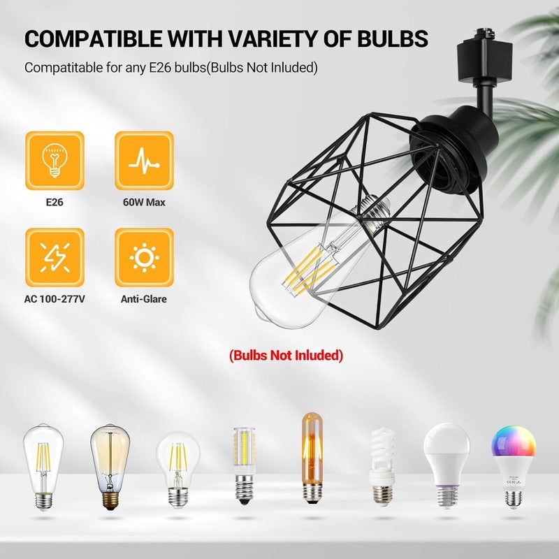 TuyuBEE رؤوس إضاءة المسار E26 مع قفص معدني، رؤوس إضاءة LED من نوع H متوافقة مع قضبان المسار من نوع H، قاعدة E26 لمصباح السقف مع اتجاه قابل للتعديل، أسود (بدون لمبات) - Image 2